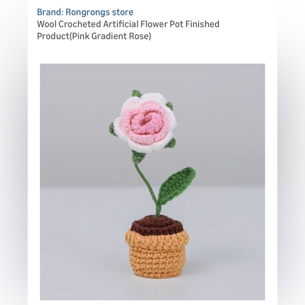 Handcrafted Pink and White Crochet Rose in Tan Pot